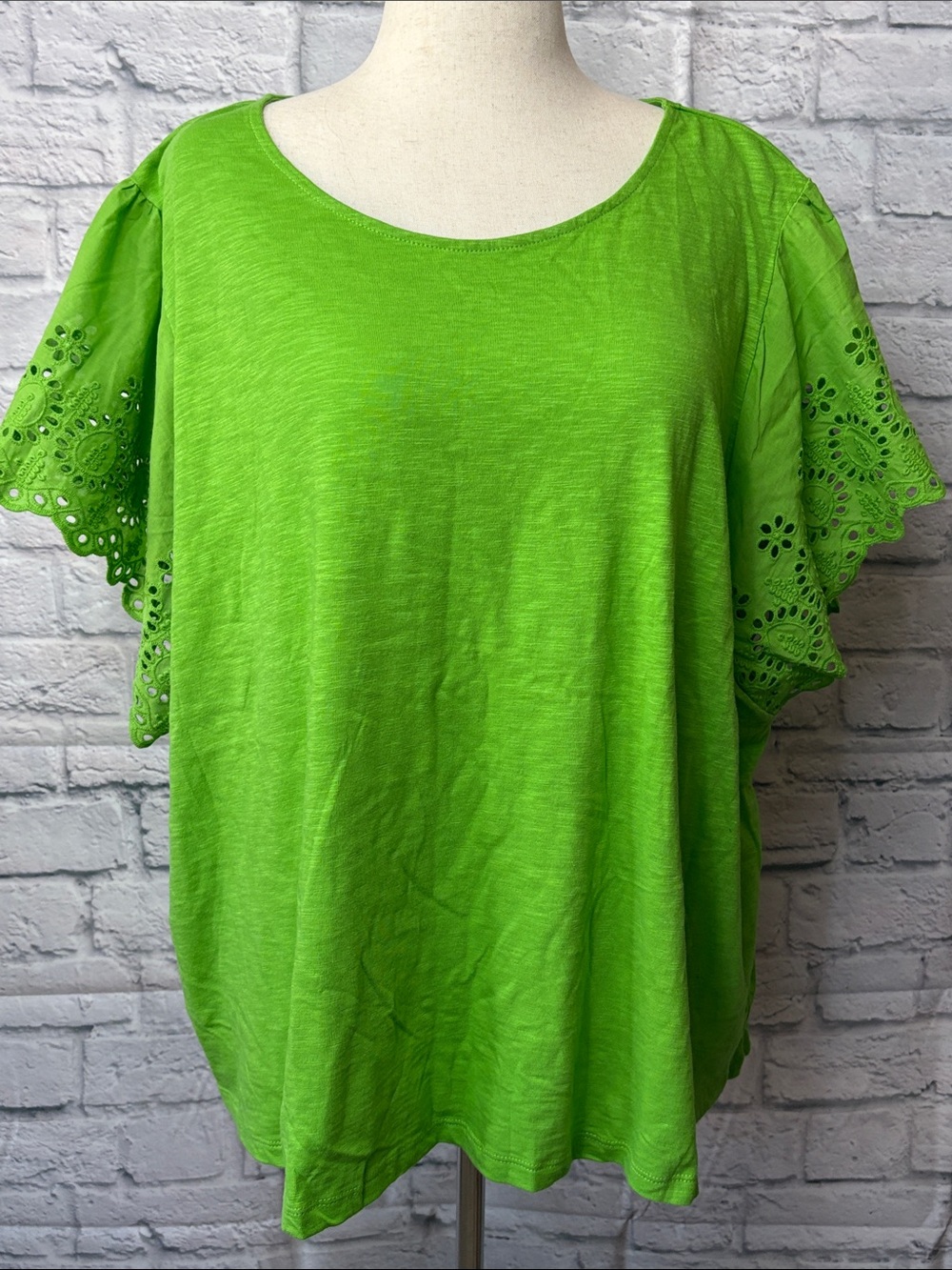 ellos Bright Deep Lime Green Eyelet Flutter Sleeve Top 100% Cotton Size 3X 30/32